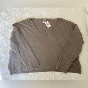 PLANET by Lauren G Cropped V-Neck Linen Cotton Ribbed Knit Sweater Large NWT